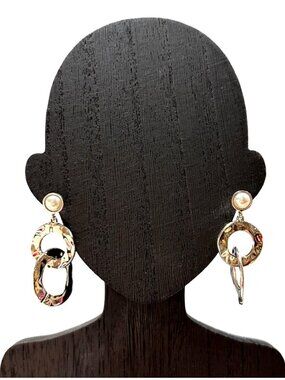 Silver Tone Hammered Double Hoop Drop Earrings With Faux Pearl Studs NWOT